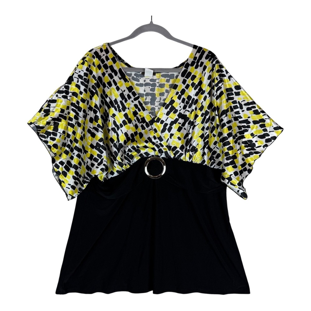 Banabee Blouse Womens 3X Multicolor Black Yellow V Neck Kimono‎ Tunic Top